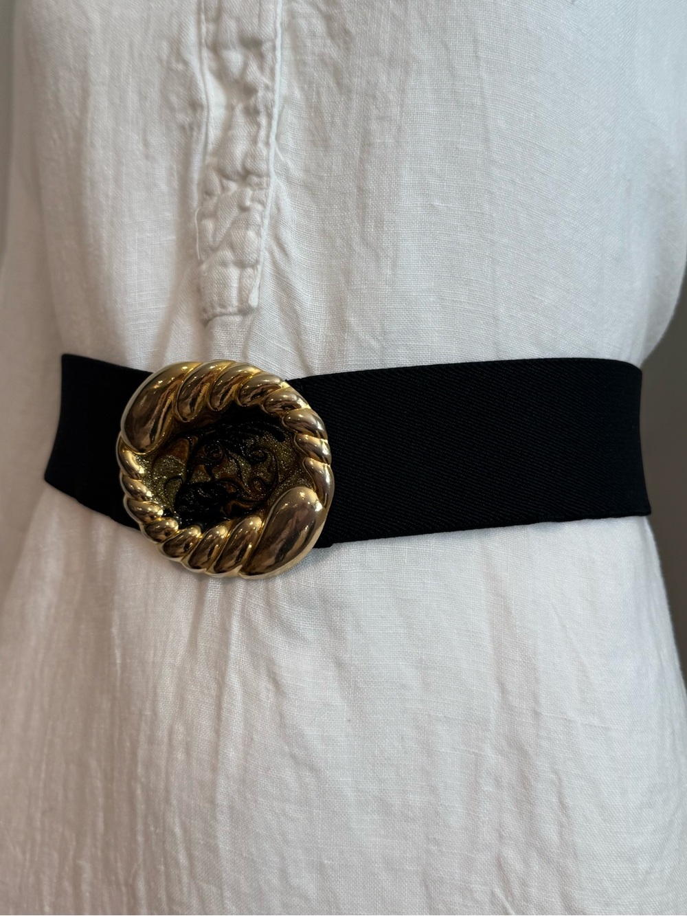 Vintage Nan Lewis Black Stretch Belt Gold Enamel Statement Buckle